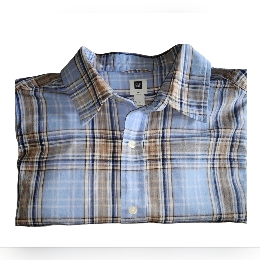 Button Down Dress Shirt. Blue Plaid , Short Sleeve.  Men's Large EUC Gap
